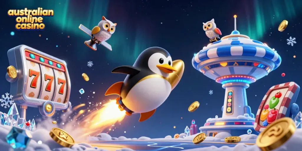 Experience thrilling games at the australian online casino with a golden penguin launching into a vibrant gaming world.