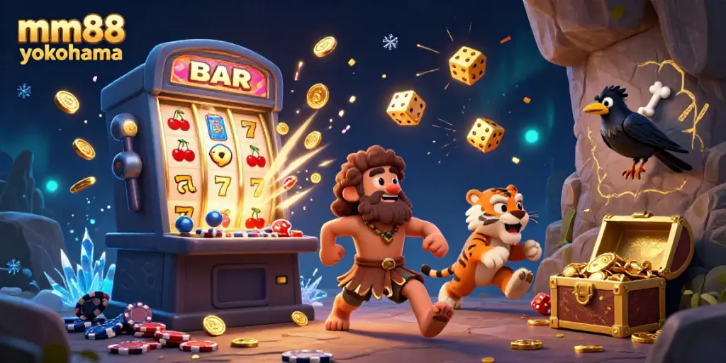 Experience the vibrant energy at mm88 yokohama casino with a 3D caveman, sabertooth tiger, and crow, capturing gambling excitement.