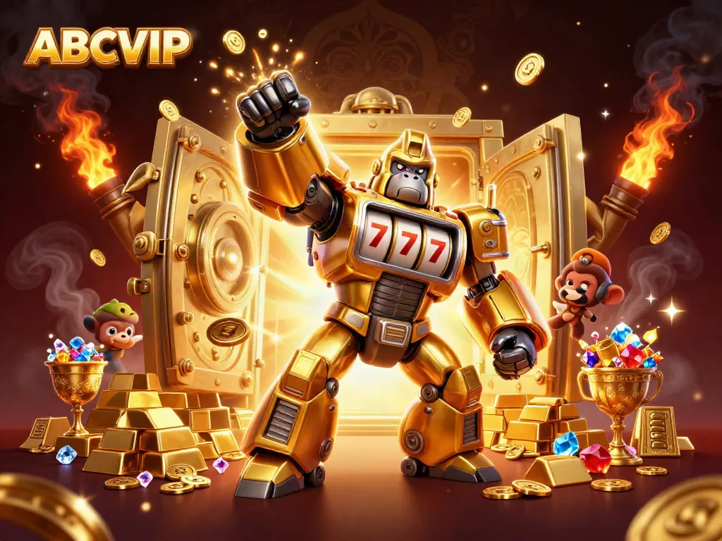 ABCVIP showcases a thrilling 3D illustration of an epic golden gorilla mech winning big with dynamic casino elements.