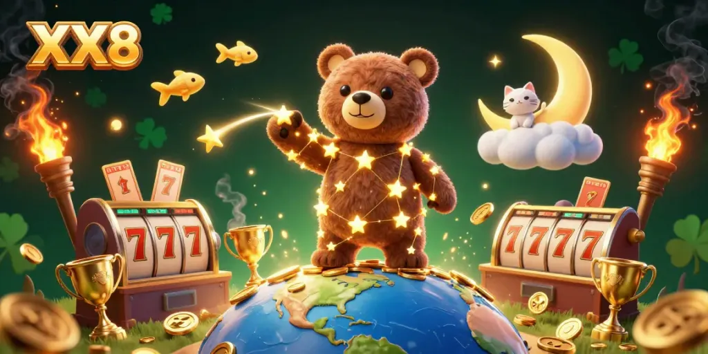 Experience the magic of the XX8 casino with a golden constellation bear scooping coins amidst rich gaming elements.