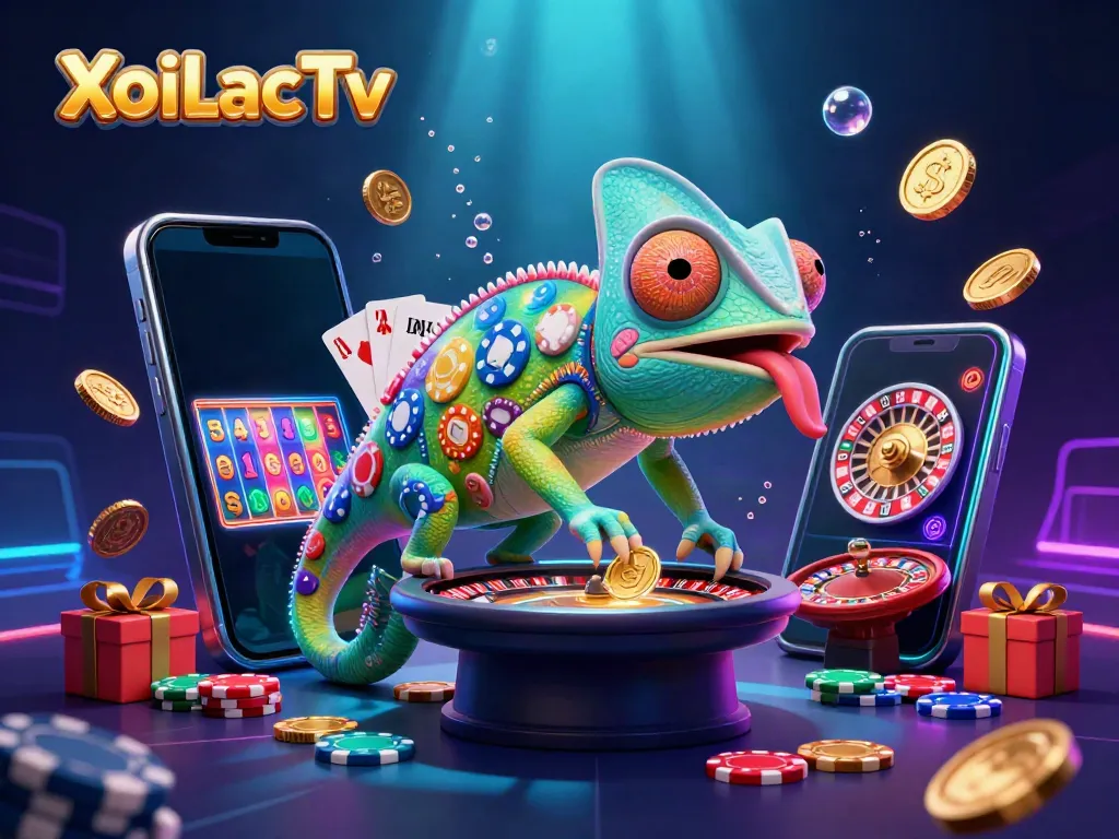 XoiLacTv brings excitement with a colorful chameleon owner at a vibrant casino scene filled with games and rewards.