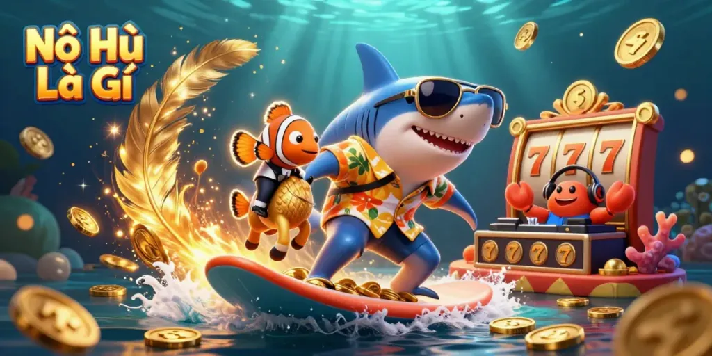 Nổ Hũ Là Gì, an exciting scene with a hammer-head shark enjoying slots and gold coins, emphasizing jackpot action