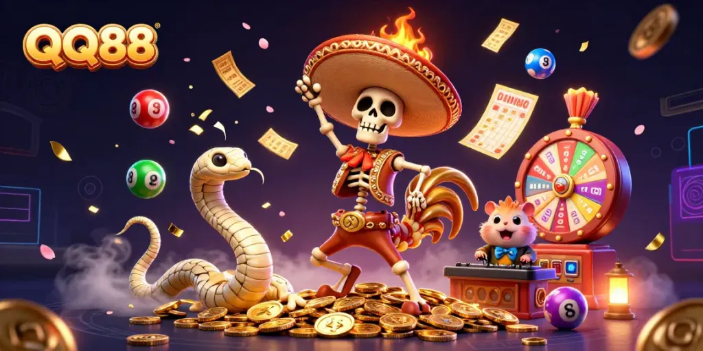 QQ88 features a festive 3D skeleton rooster celebrating over golden coins, enhanced by colorful gambling elements.