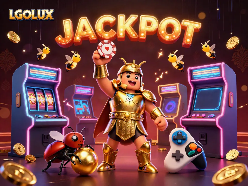 LGOLUX brings excitement with a victorious beetle character lifting a poker chip amid colorful gaming elements.