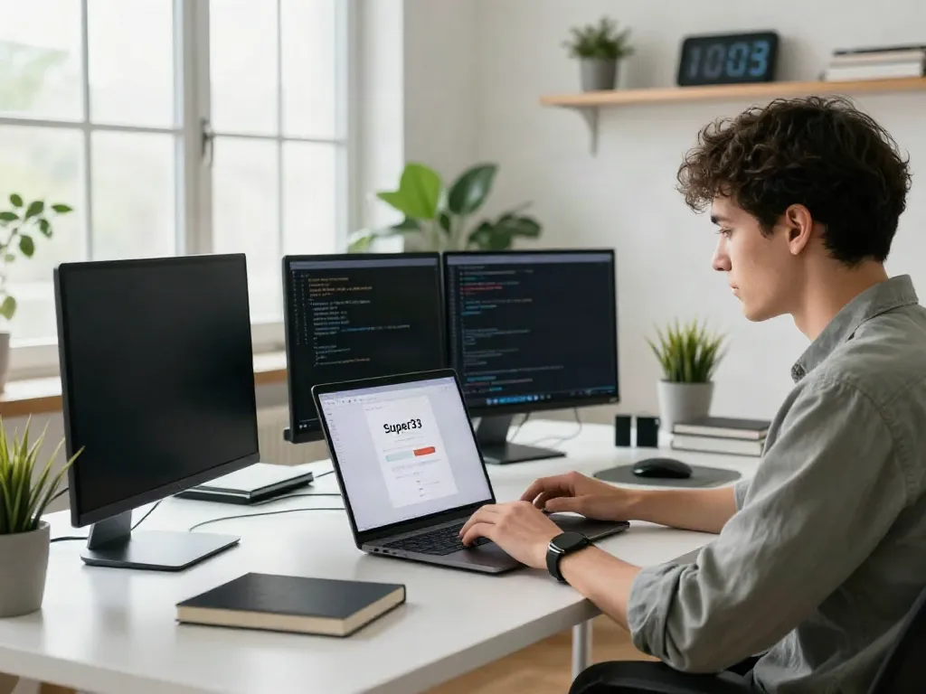 Engaged user at modern workspace performing Super33 login on laptop with multiple screens in view.