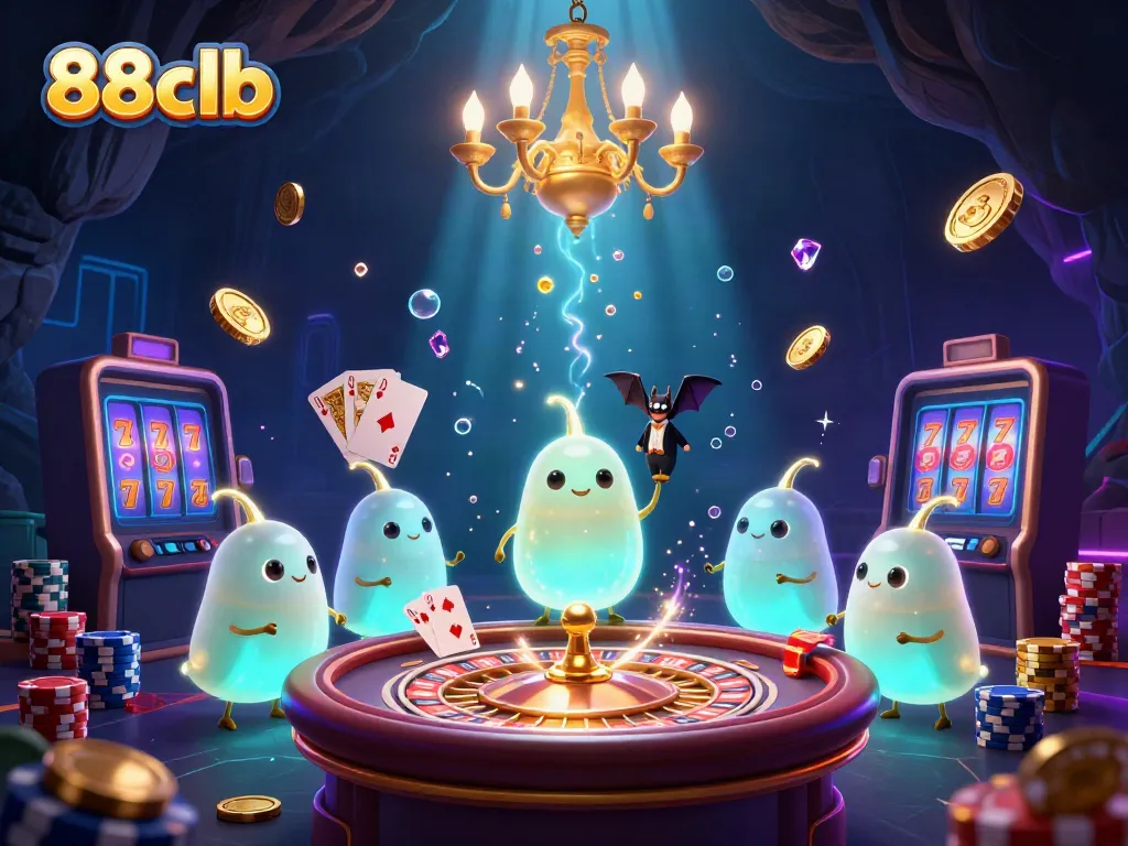 Experience 88clb with glowworms illuminating a bustling casino scene filled with vibrant games and excitement.