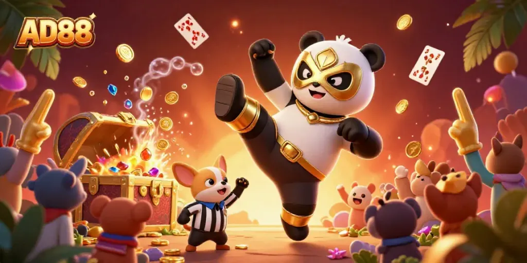 Experience thrilling gaming with AD88 through a vibrant scene of animated animals celebrating a casino atmosphere.