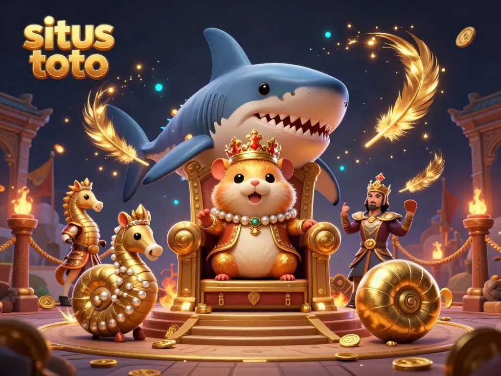Engage with situs toto through this vibrant 3D casino scene showcasing a golden hamster king and rich gambling elements.