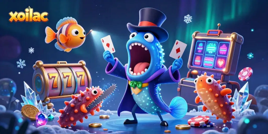 Experience captivating magic tricks by a gulper eel and anglerfish in a vibrant casino setting, showcasing xoilac elements.