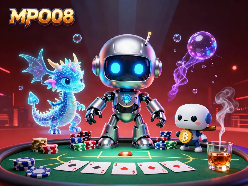 Experience MPO08's vibrant casino scene with a cyberpunk robot mascot and crypto elements.