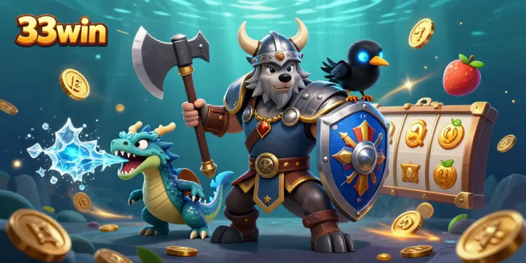 Experience thrilling gaming at 33win with vibrant 3D characters like a Viking wolf warrior and dragon bursting with excitement.