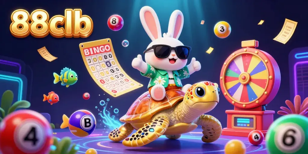 Play exciting games at 88clb with a lucky rabbit and golden turtle in a vibrant casino scene.