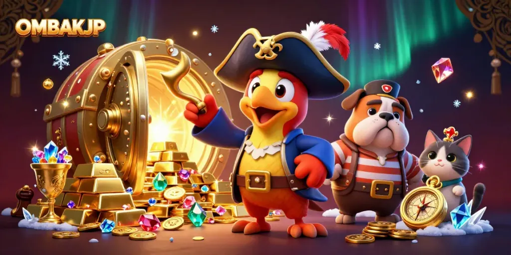 Experience the excitement of OMBAKJP with vibrant 3D characters and treasures illuminating a casino adventure.