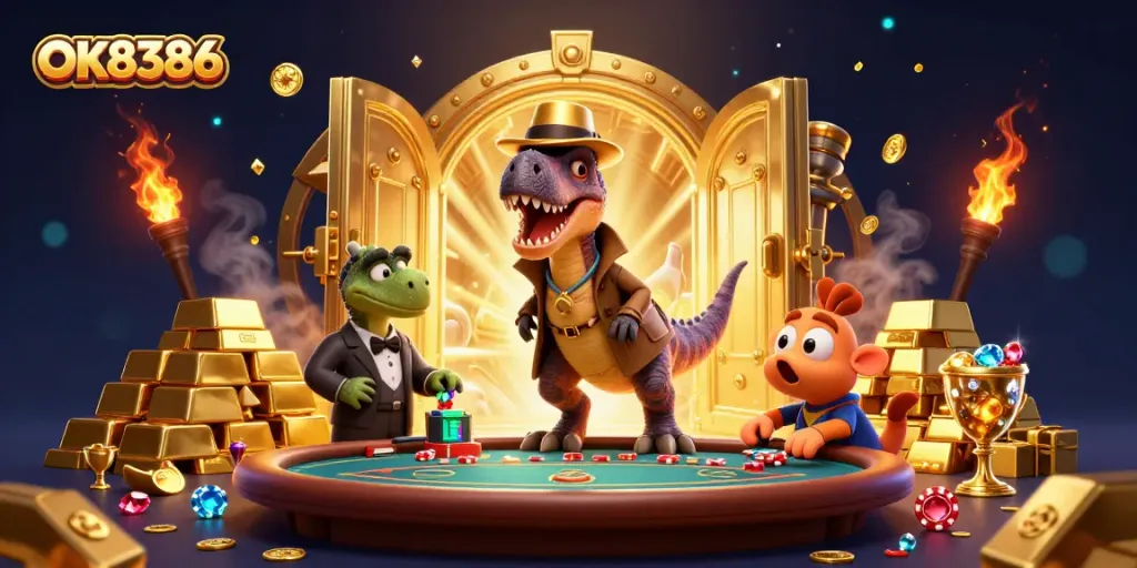 Watch the 3D velociraptor card counter sneak chips at the OK8386 casino table in this detailed scene.