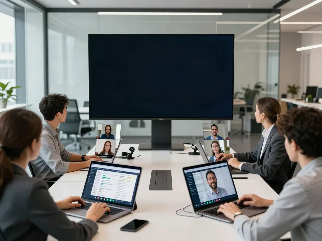 Team engaged in deepfake protected meetings using high-tech devices in a modern virtual conference room.