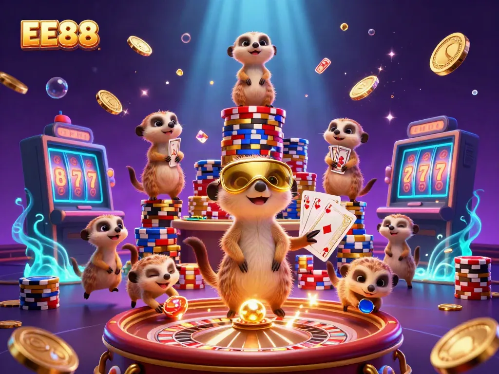 EE88 meerkats operate a lively casino, showcasing dynamic games, vibrant colors, and engaging gameplay.
