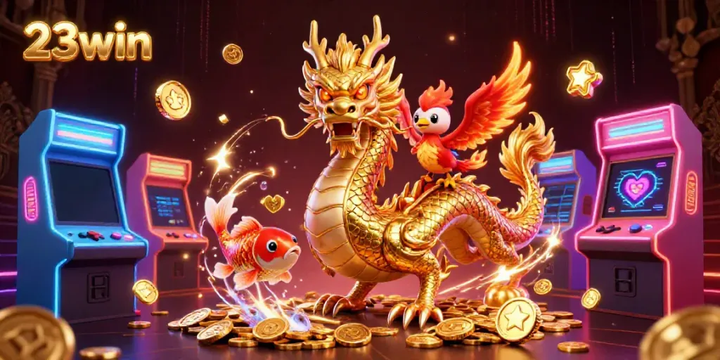 Experience the thrill of 23win with a fierce dragon and phoenix in a lavish casino environment.