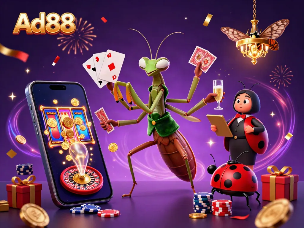 Experience the excitement of Ad88 with a dynamic casino scene featuring a giant mantis dealer and colorful slot games.