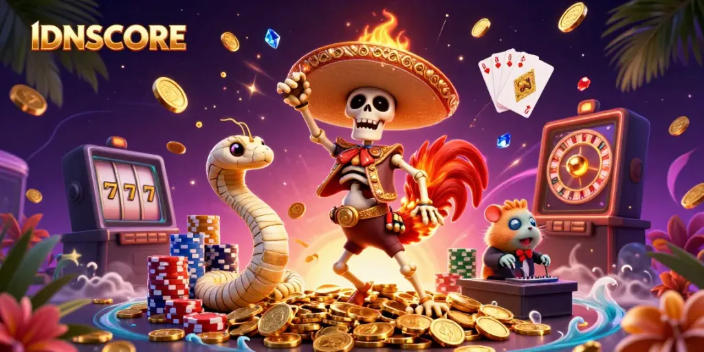 IDNSCORE offers immersive gaming with skeleton mariachi and golden coins in an exciting casino scene.