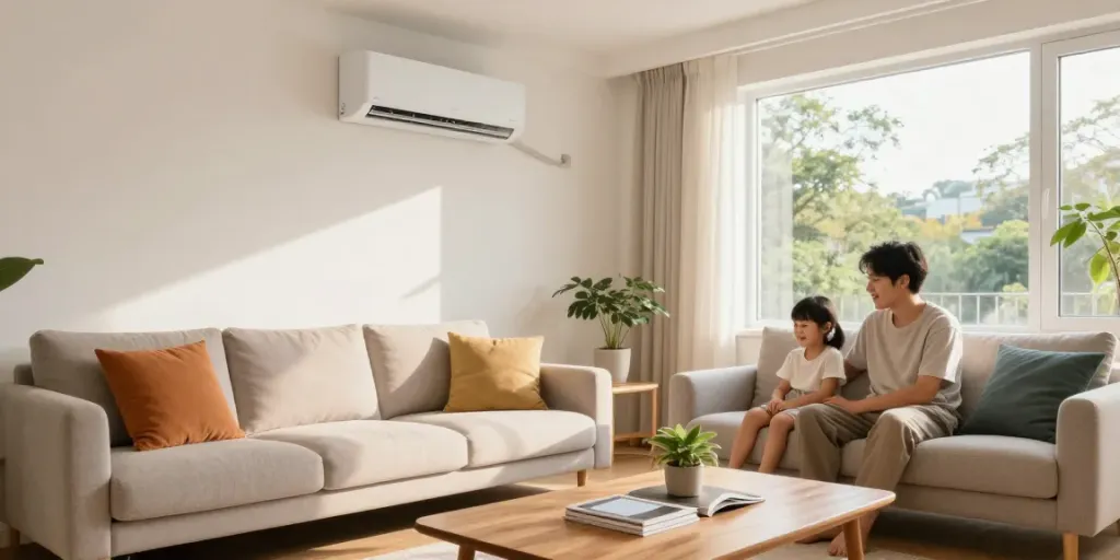 Modern family living room with a mini split of air conditioner, warm and inviting atmosphere.