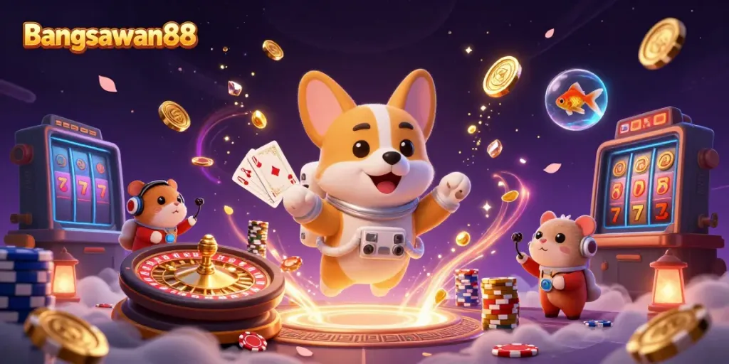 Enjoy thrilling gameplay at Bangsawan88 with a fun illustration of a floating casino scene.