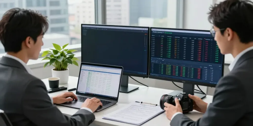 Financial analyst reviewing stock market trends on Yahoo in a modern office.