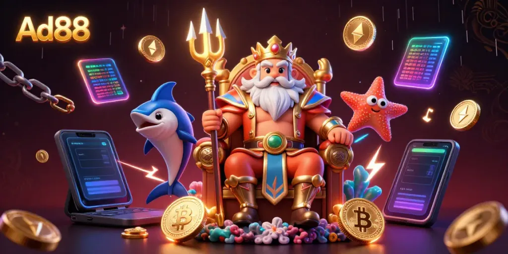 Ad88 invites players to explore a dynamic casino scene with Neptune and vibrant crypto elements.