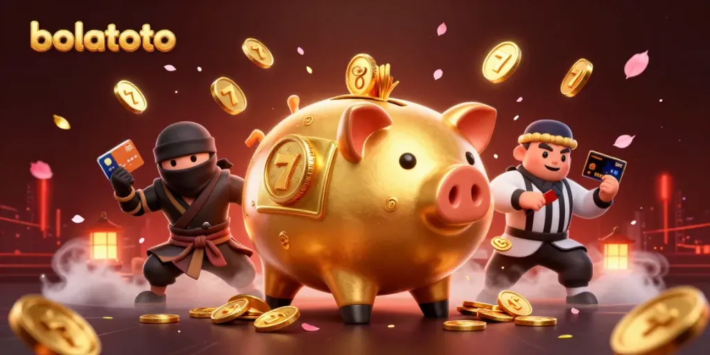 Engaging bolatoto scene with a golden piggy bank sumo wrestler, wallet ninja, and credit-card samurai, surrounded by casino elements.