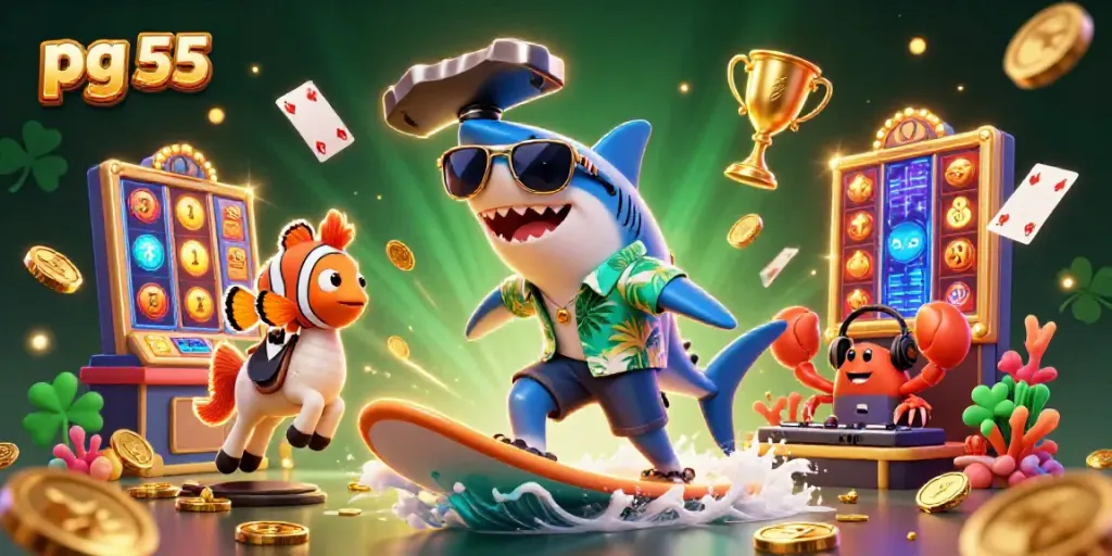 Surf on gold coins with pg 55 while a shark and seahorse celebrate in this vibrant casino scene.