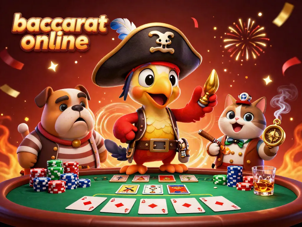Experience baccarat online with vibrant 3D cartoon characters, poker elements, and festive visuals.