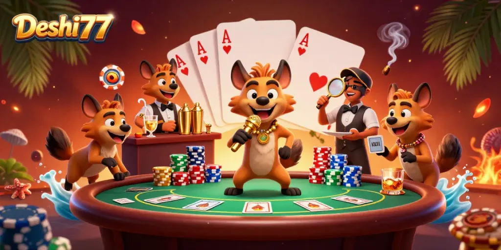 Experience thrilling gaming action at Deshi777 with vibrant 3D hyena characters in a lively casino atmosphere.