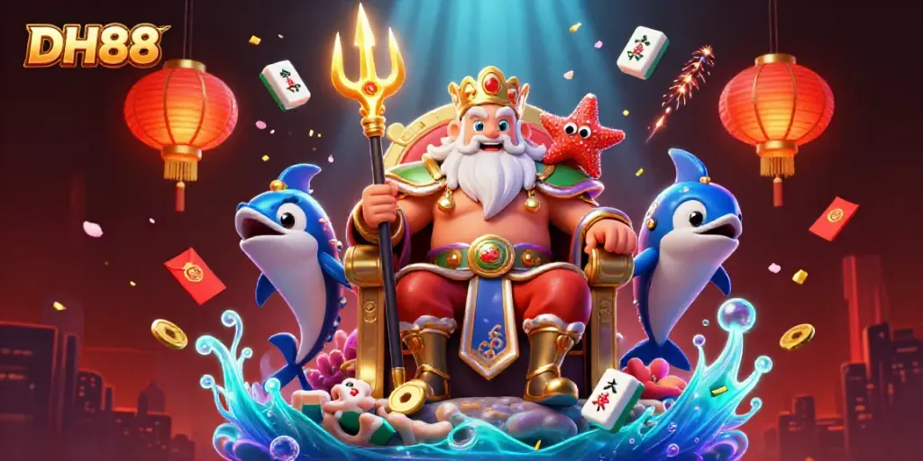 Experience gaming excitement at DH88 with cartoon Neptune and vibrant casino elements.