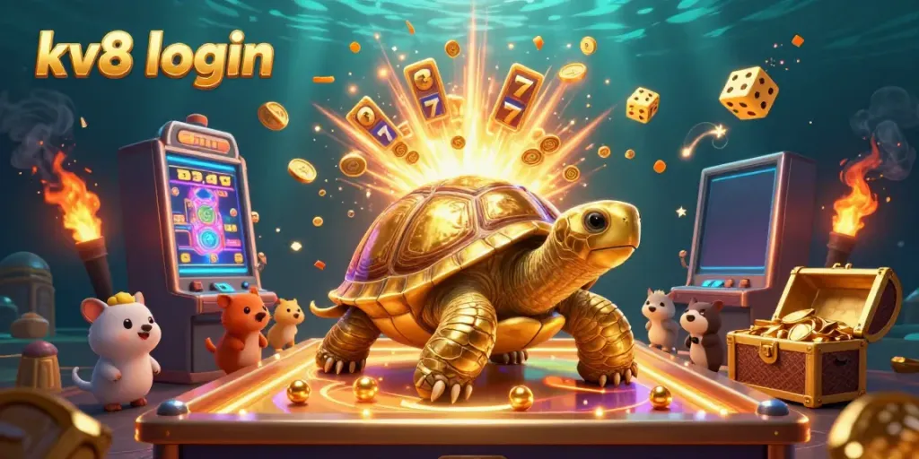Experience seamless kv8 login access with vibrant gaming elements in a rich 3D casino scene.