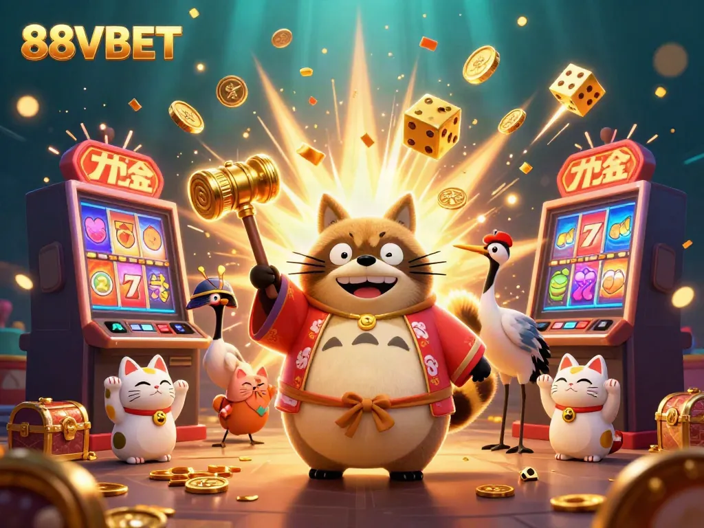 Experience the excitement of 88VBET with a vibrant 3D illustration of a tanuki and lucky symbols.