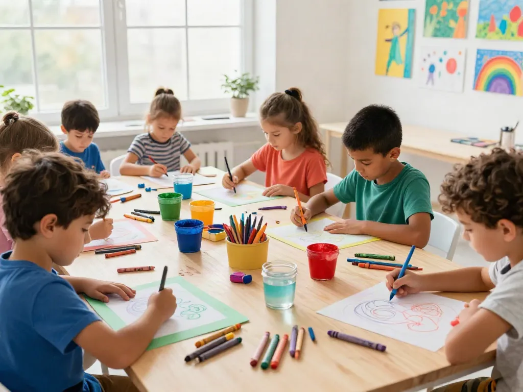 Children creating vibrant drawings with eco-friendly crayons in an inspiring art studio.
