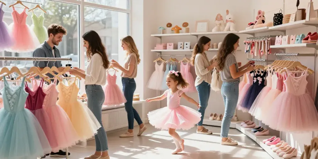 Colorful tutu store interior with a child twirling in a pink tutu amidst cheerful shopping