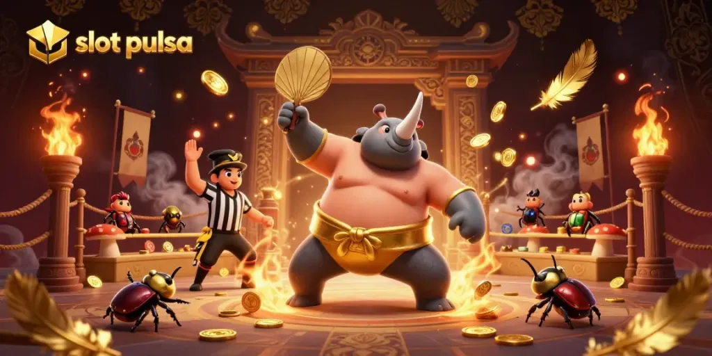 Grafik menarik slot pulsa dengan karakter unik beraksi di arena, menghasilkan koin emas.