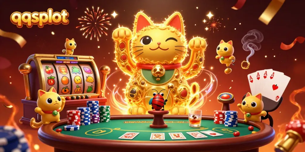 Engage in qqslot gameplay with a vibrant lucky cat and dynamic casino elements.