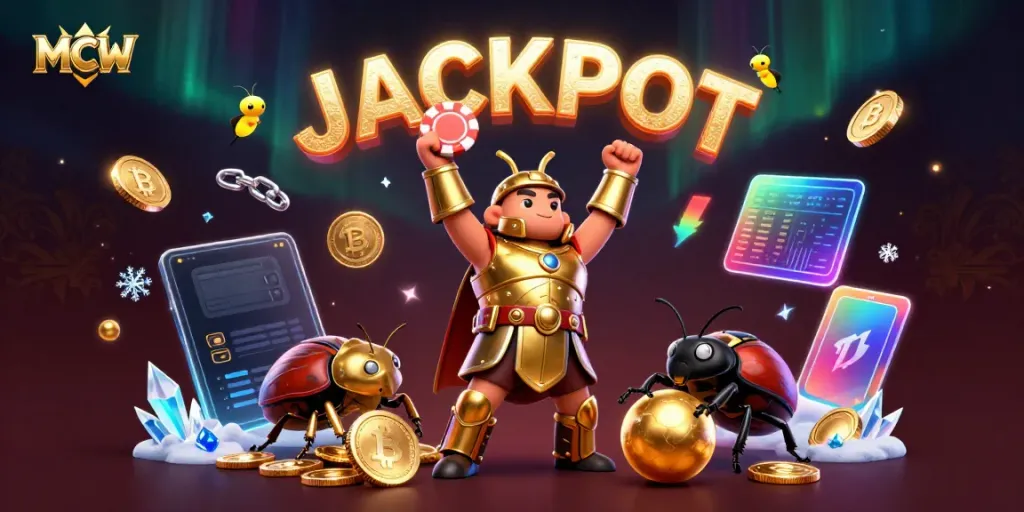 MCW champions winning with a poker chip amidst vibrant casino elements, celebrating jackpot excitement.