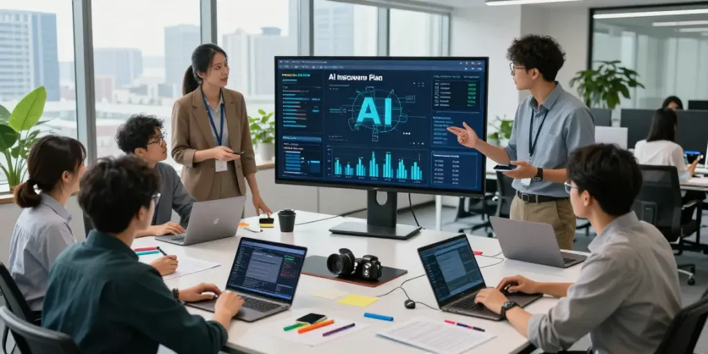 Team analyzing AI infrastructure data in a vibrant workspace during the day.