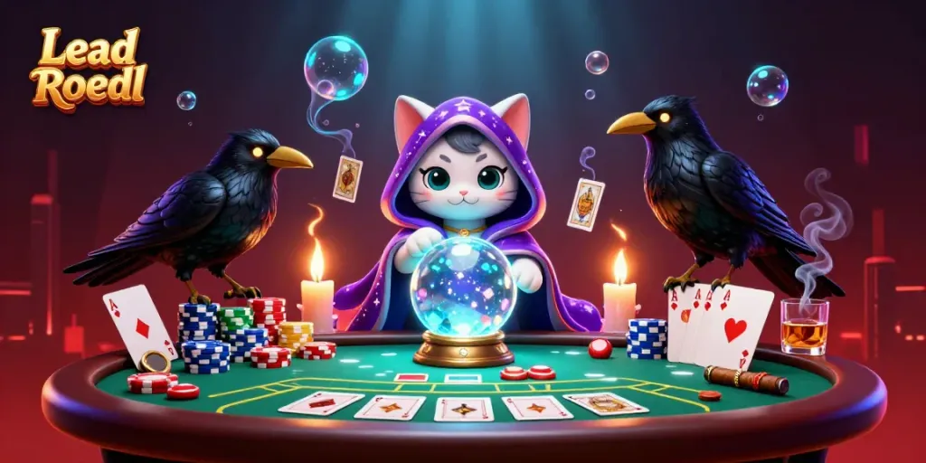 Engage in thrilling gameplay with Lead Roedl's mystical casino illustration featuring poker elements and vibrant characters.