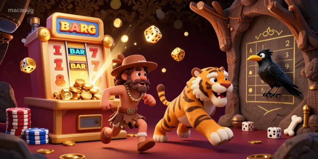 Experience the excitement of macaugg with a lively caveman casino scene featuring jackpots and vibrant game elements.