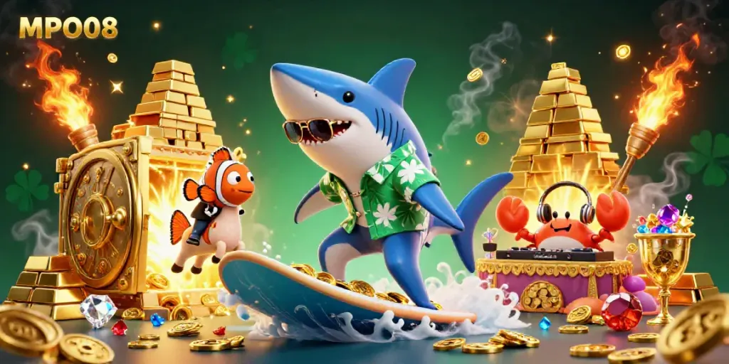 Enjoy thrilling slots at MPO08, with a vibrant scene including playful casino elements and a shark character.