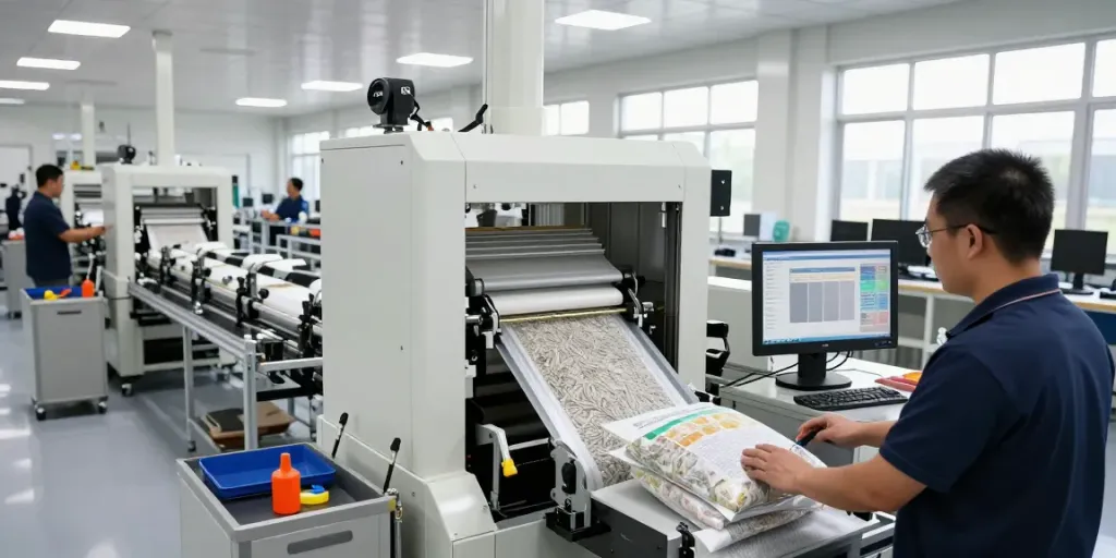 Advanced packaging equipment manufacturer showcasing open-mouth bagging machines in operation.