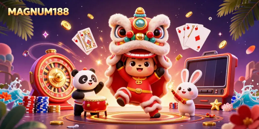 Experience thrilling gameplay at MAGNUM188 with vibrant characters and dynamic casino elements!