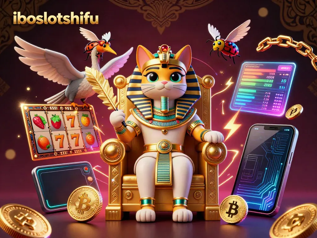 Engage in gaming excitement with iboslotshifu featuring vibrant 3D illustrations of a pharaoh cat surrounded by crypto and slot elements.