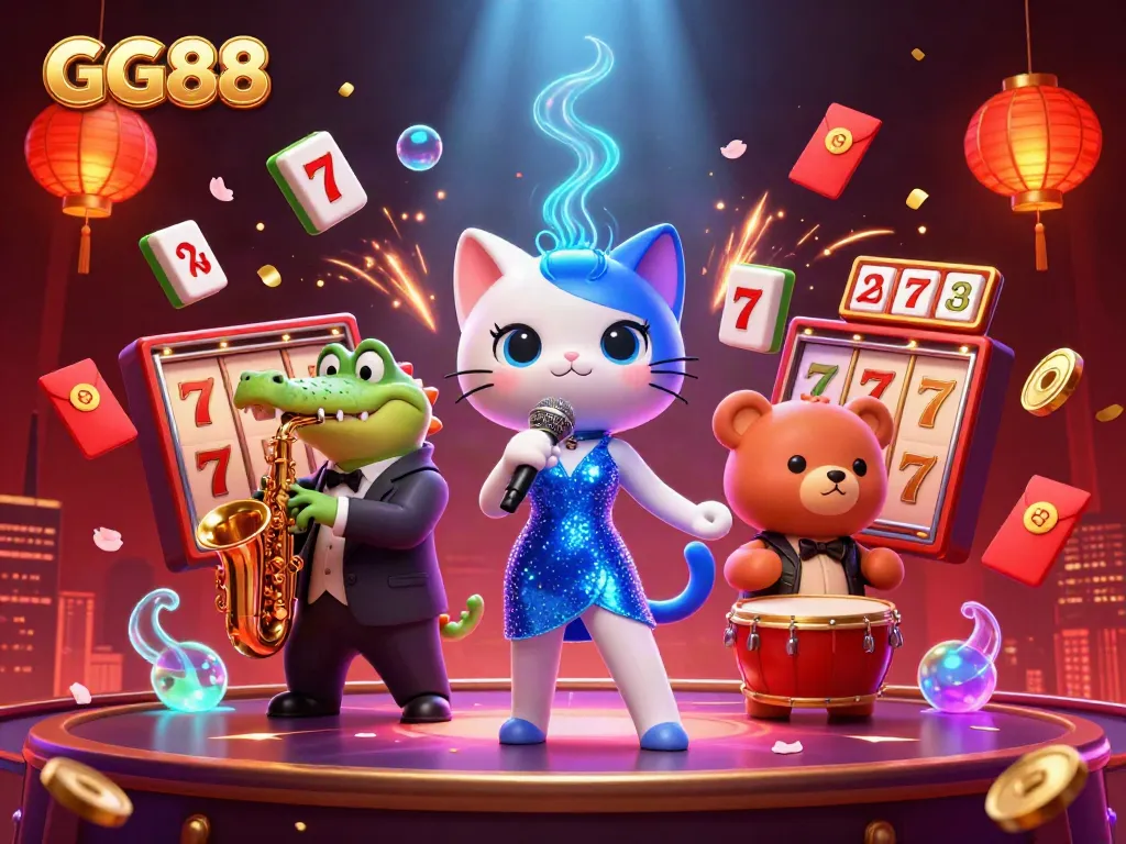 Engaging GG88 casino illustration with a jazz-singer cat, a crocodile, and a bear cub among dynamic game elements.