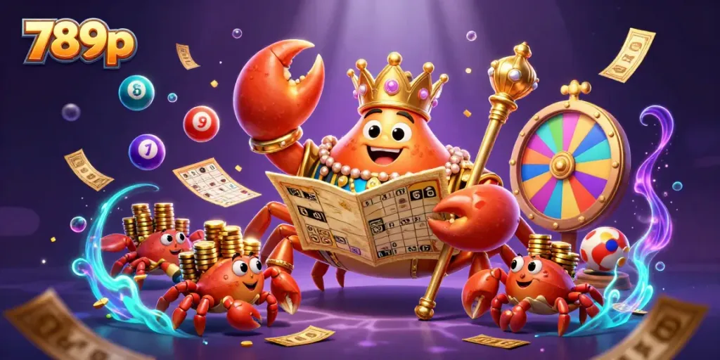 Experience thrilling gaming at 789p with colorful lottery balls and the majestic golden crab emperor in a vibrant 3D scene.