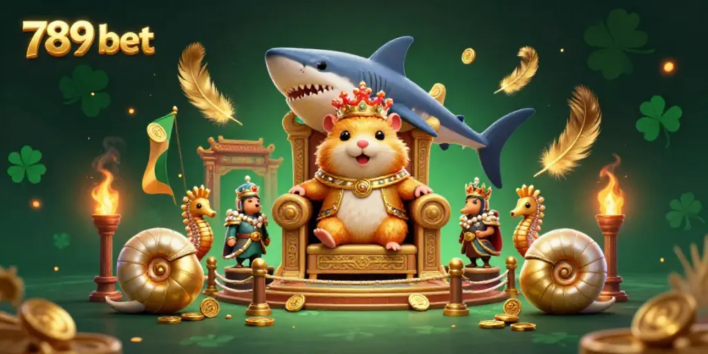 Experience the thrilling fantasy world of 789 bet with the golden hamster king and royal guards amidst a dynamic casino scene.
