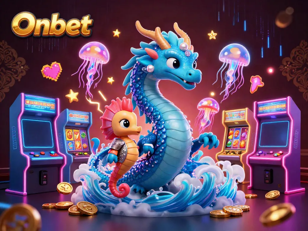 Engage with Onbet's exciting casino games, featuring a vibrant scene of a dragon, seahorse knight, and glowing jellyfish amidst colorful slot reels.